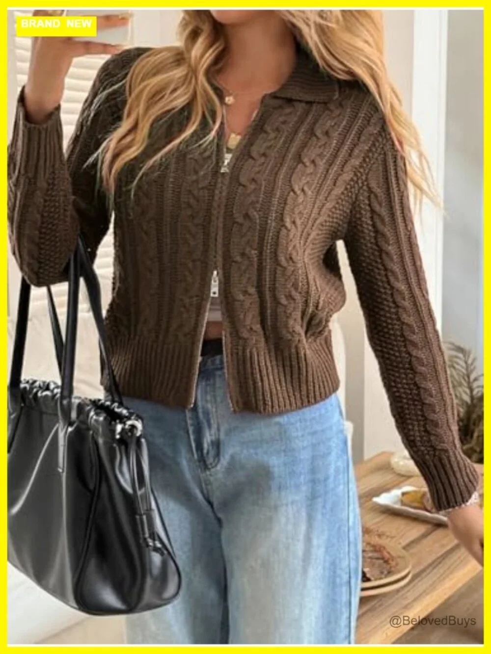 Cable Knit Crop Cardigan Zip Up Chunky Sweater Jacket Fall